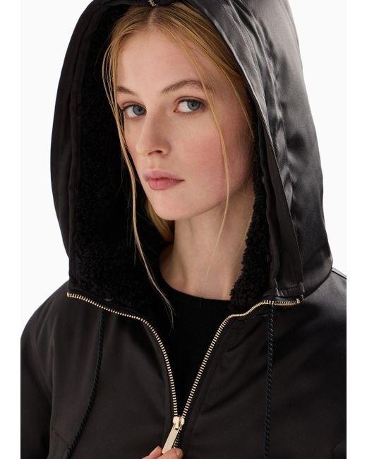 Emporio Armani Black Hooded Satin Bomber Jacket With Dragon Embroidery