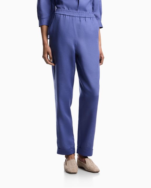 Emporio Armani Blue Pure Linen Trousers With Elasticated Waist
