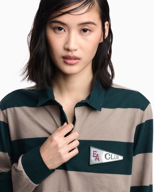 Emporio Armani Green Eagle Club, Cropped Oversized-Stripe Jersey Polo Shirt With Patch