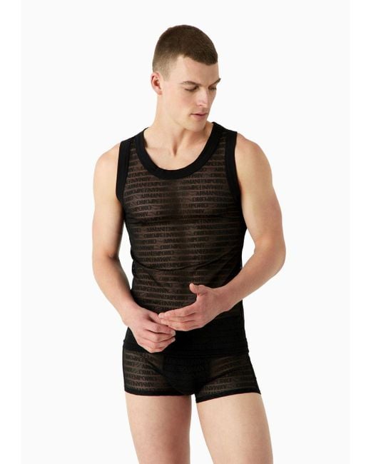 Emporio Armani Black Mesh Tank Top With All-over Jacquard Logo Lettering for men