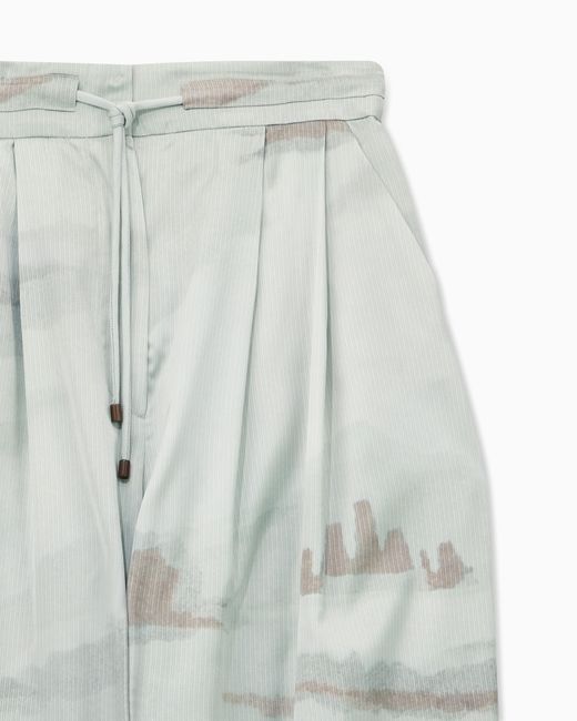 Emporio Armani Blue Trousers With Landscape Print And Pleated High Waist And Wide Leg