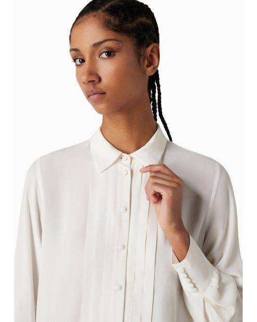 Emporio Armani White Crêpe Shirt With Pleats And Bow