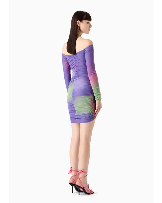 Emporio Armani Purple Sustainability Values Capsule Collection Camouflage Print Recycled Mesh Dress