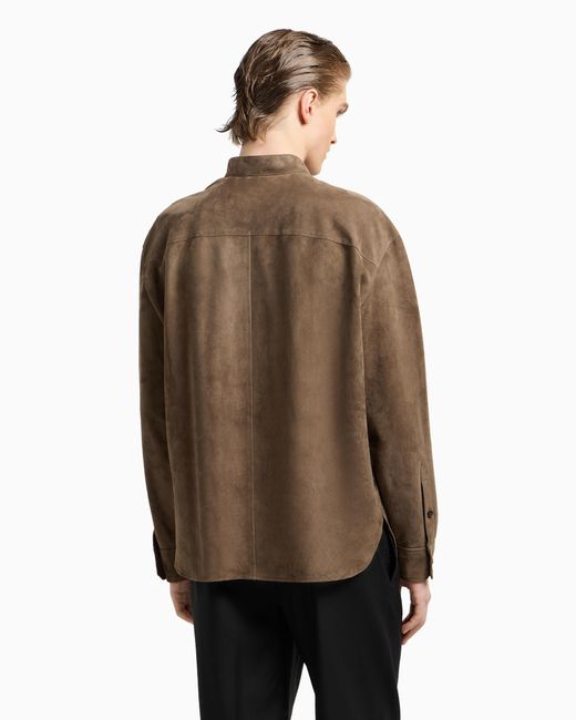 Emporio Armani Hemd-Jacke Aus Ziegen-Veloursleder Mit Grandad-Kragen in Brown für Herren