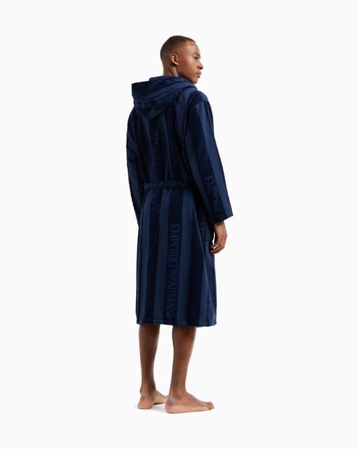 Emporio Armani Blue Striped Terrycloth Bathrobe With Logo