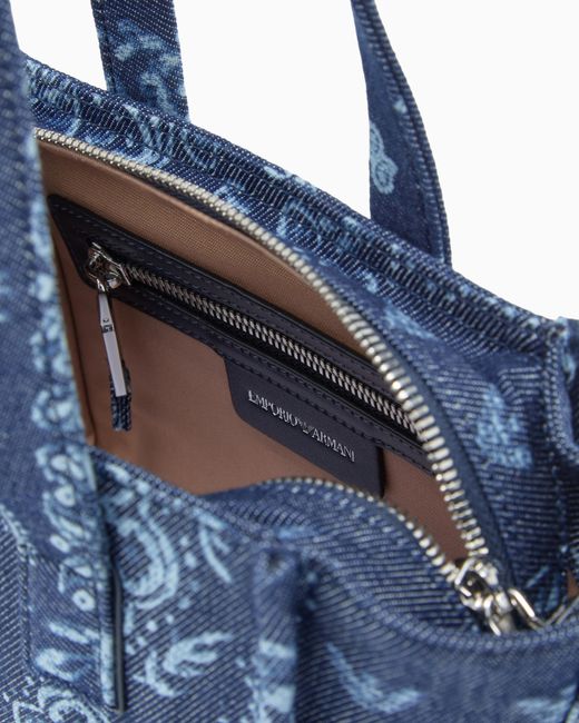 Emporio Armani Blue Small Canvas Shopper Bag With A Bandana Print
