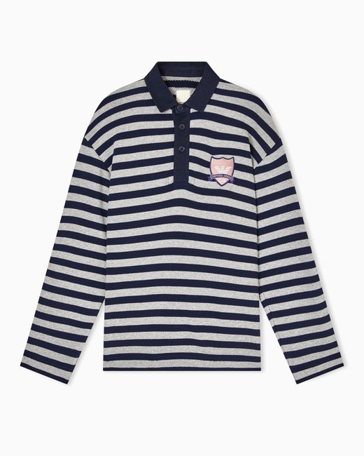 Emporio Armani Blue Eagle Club Striped Jersey Polo Shirt With Patch for men