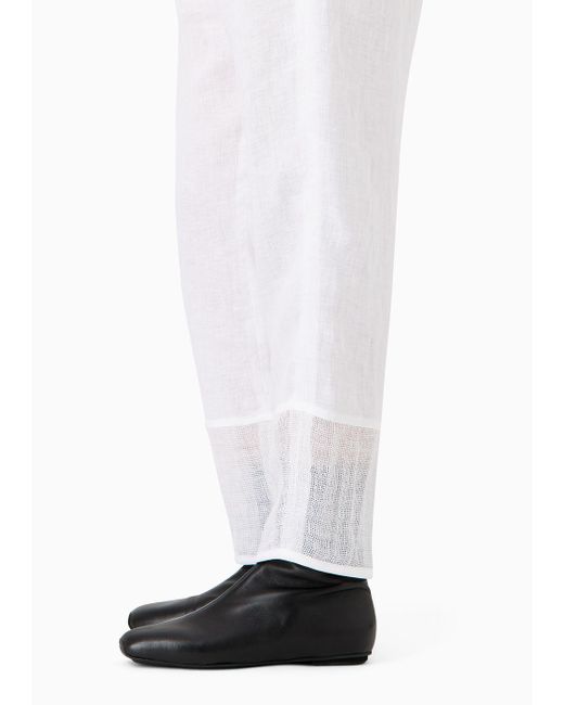 Pantalones Con Cintura Elástica De Lino Puro Con Detalles Cepillados Emporio Armani de color White