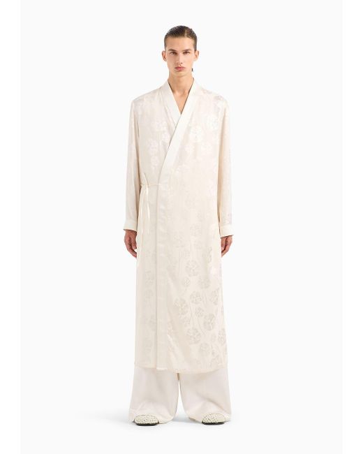 Emporio Armani White Silk-blend Satin Overcoat With Robe Fastening And All-over Ramage Embroidery for men