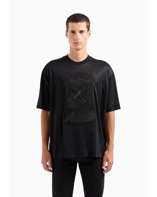 Emporio Armani Black Asv Clubwear Oversize T-shirt In Lyocell-blend Jersey With Rhinestone Patch And Embroidery for men