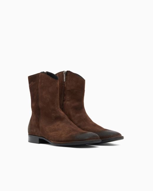 Emporio Armani Brown Oiled Suede Ankle Boots With Leather Lining And Rounded Toe for men