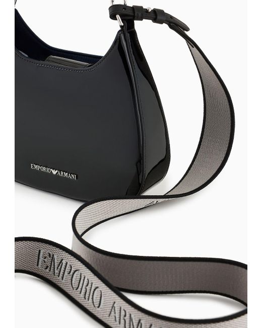 Emporio Armani Black Small Hobo Shoulder Bag In Patent Leather With Chain Strap