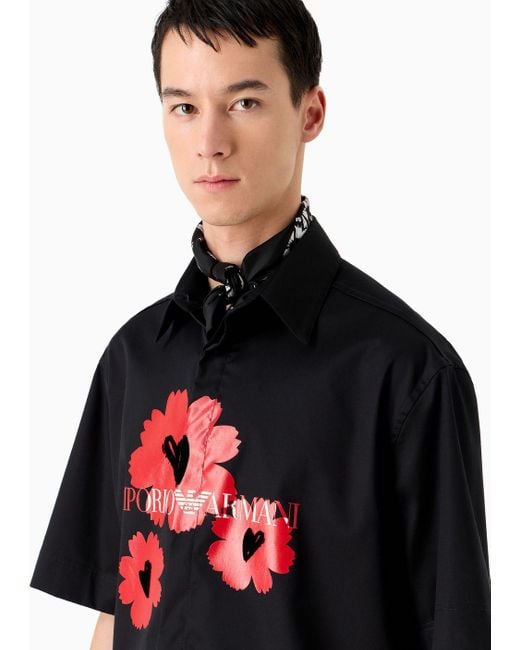 Emporio Armani Black Short-sleeved Shirt In Stretch Cotton With Mon Amour Print for men