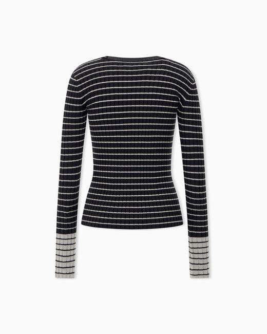Emporio Armani Blue Slim Fit Ribbed Pullover With Crew Neck And Striped Pattern
