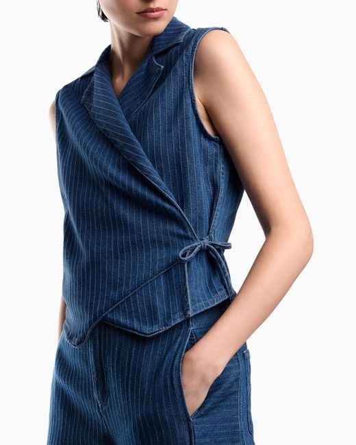 Emporio Armani Blue Pinstriped Denim Wrap Waistcoat With Lapels And A Side Tie