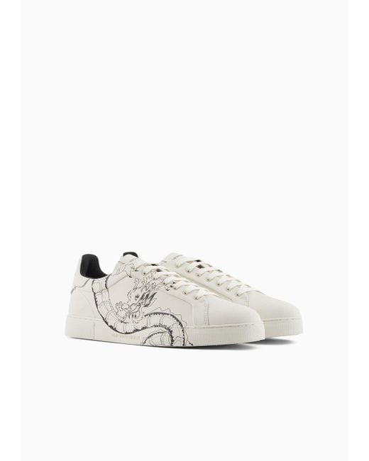 Emporio Armani White Dragon-print Leather Sneakers for men