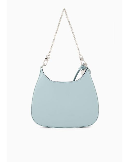 Emporio Armani Blue Small Hobo Shoulder Bag In Patent Leather With Chain Strap