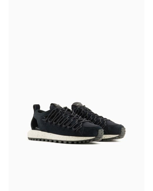 Emporio Armani Black Perforated Suede And Knit Sneakers With Hiking Laces for men