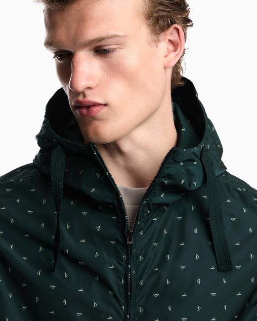 Emporio Armani Green Nylon Hooded Blouson With All-Over Micro-Eagle Graphic Design for men