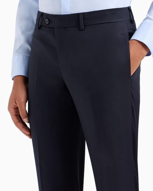 Emporio Armani Blue Slim Fit Virgin Wool Trousers With Crease Essential for men