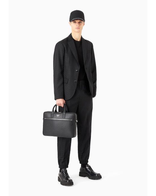 Emporio Armani Black Asv Regenerated Saffiano Leather Business Bag With Eagle Plate for men