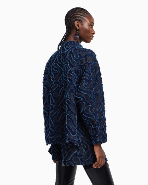 Emporio Armani Blue Fringed Embossed-Motif Jacquard Denim Shirt Jacket