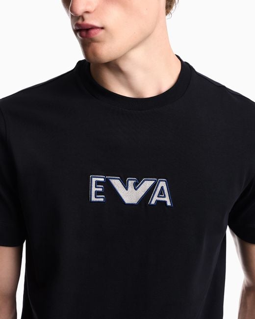 Emporio Armani Blue Heavy Jersey T-Shirt With Metal Logo Embroidery for men