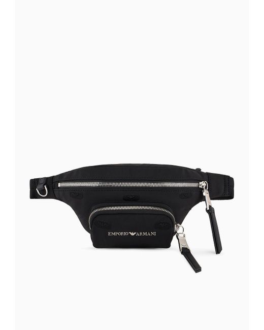 Emporio Armani Black Asv Recycled Nylon Belt Bag With All-over Eagle Stamp Embroidery for men