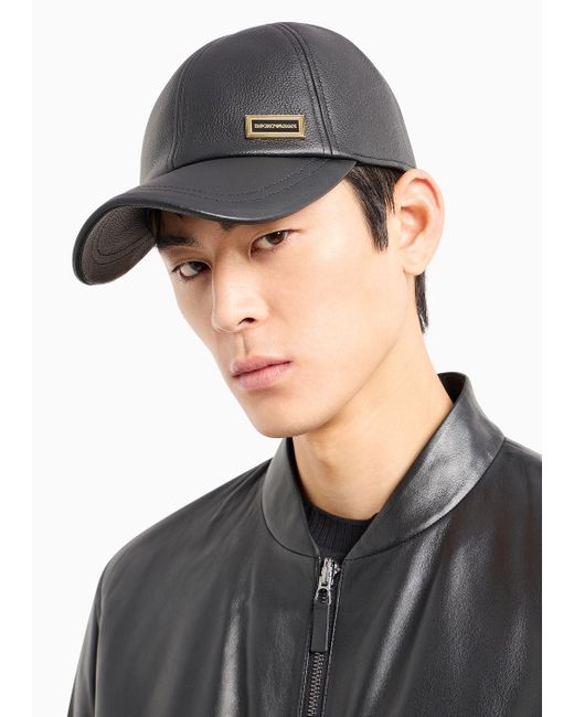 Emporio Armani Black Hammered Leather Baseball Cap for men