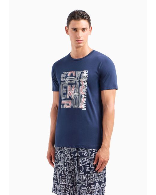 Emporio Armani Beachwear-t-shirt Aus Jersey Mit Makro-logo-print in Blue für Herren