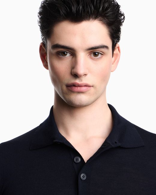 Emporio Armani Blue Pure Virgin-Wool Jumper With Polo-Shirt Collar for men
