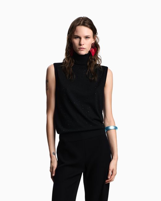 Top De Cuello Alto De Punto Jersey De Lana Virgen Con Microstrass Emporio Armani de color Blue