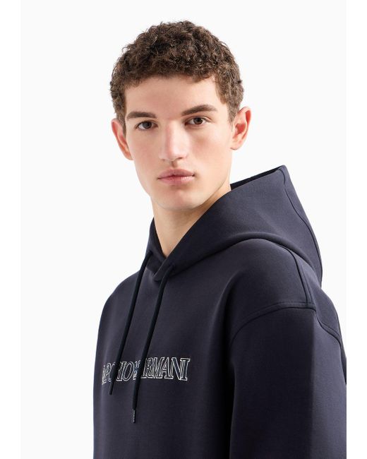 Emporio Armani Blue Oversized Double-jersey Hooded Sweatshirt With Logo Embroidery Trim for men