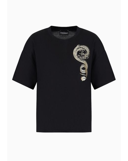 T-shirt In Jersey Mercerizzato Con Stampa Drago di Emporio Armani in Black