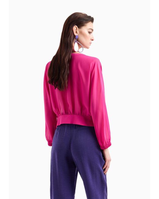 Camisa De Georgette Con Cuello Redondo Y Frunces Emporio Armani de color Pink