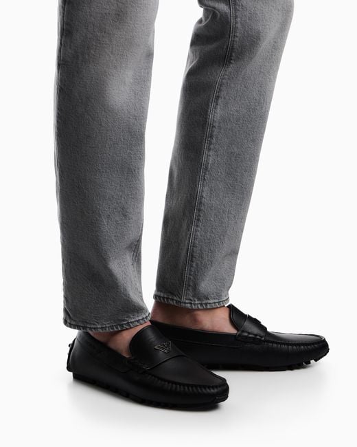 Emporio Armani White Saffiano Leather Driving Loafers for men
