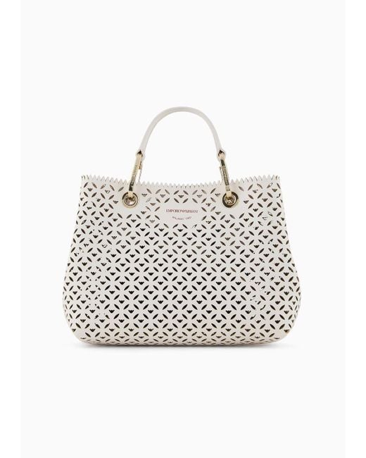 Emporio Armani White Small Myea Shopper Bag With Perforated Motif