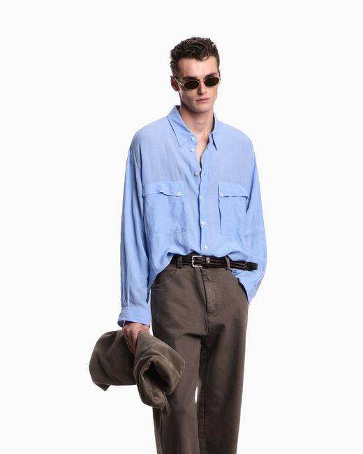 Emporio Armani Blue Denim-Effect Linen-Blend Shirt for men