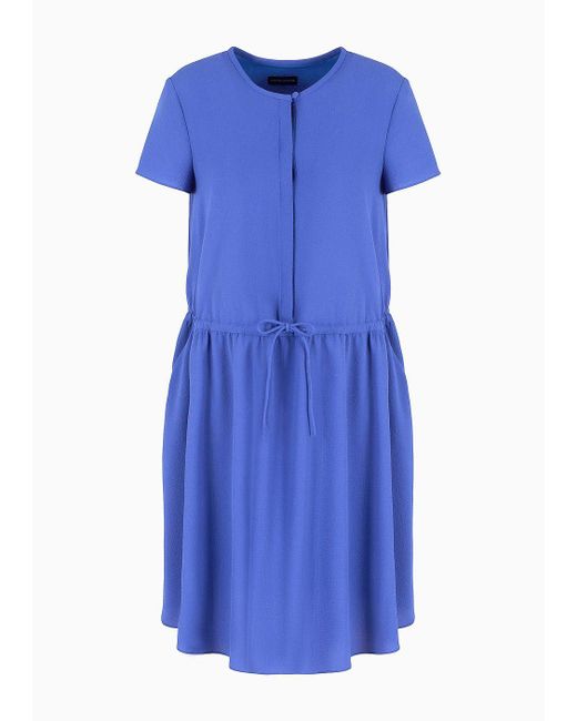 Emporio Armani Blue Armure Crêpe Short-sleeved Dress With Drawstring