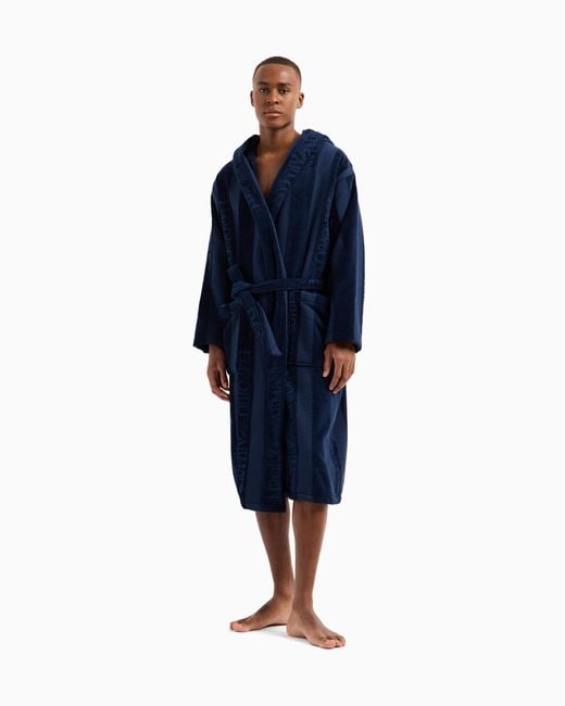 Emporio Armani Blue Striped Terrycloth Bathrobe With Logo