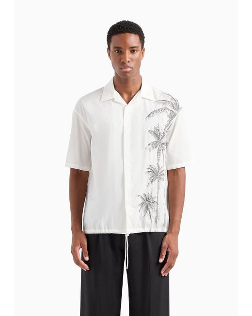 Emporio Armani White Short-sleeved Shirt With Palm-tree Embroidery And Print for men