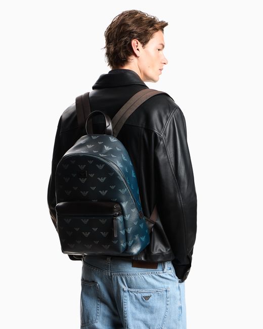 Emporio Armani Blue Coated Canvas Backpack With All-Over Eagle for men