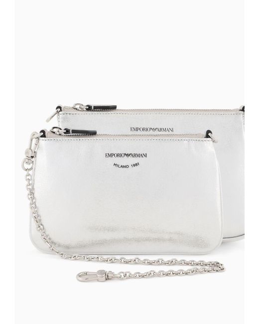 Emporio Armani White Double Mini Shoulder Bag With Crinkled Effect