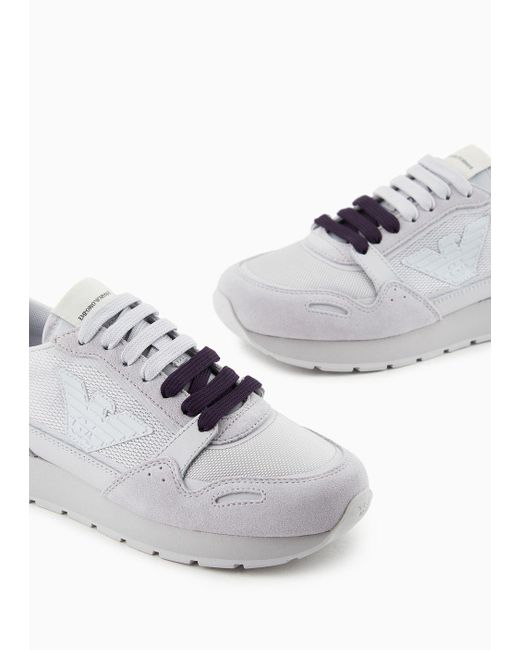 Emporio Armani White Sneaker Aus Mesh Mit Veloursleder-details Und Maxi-adler-patch