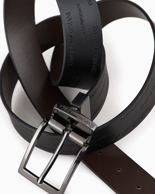 Emporio Armani White Reversible Leather Belt With All-Over Embossed Lettering for men