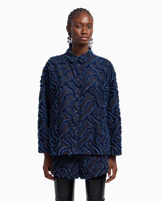 Emporio Armani Blue Fringed Embossed-Motif Jacquard Denim Shirt Jacket