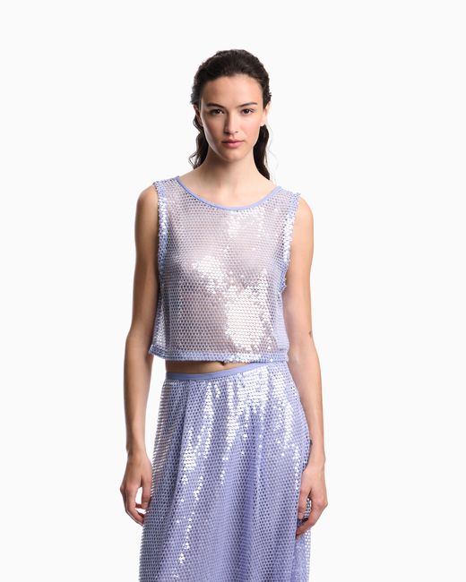 Emporio Armani Purple Mesh Crochet Top With All-Over Sequins