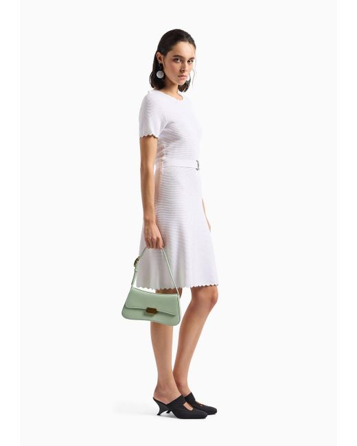 Emporio Armani White Moss-stitch Knit Flared Dress With Belt