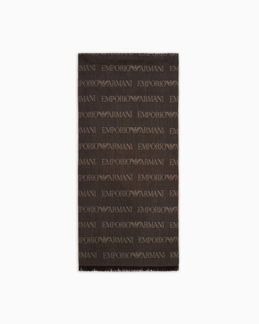 Emporio Armani Brown Virgin-Wool Blend Scarf With Jacquard Logo Lettering And Fringes for men