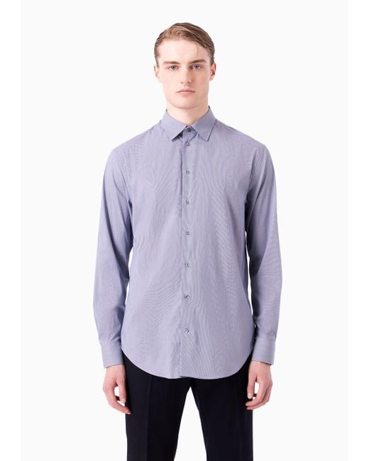 Emporio Armani Modern-fit Shirt In Stretch Cotton Micro-patterned Jacquard  in Blue for Men